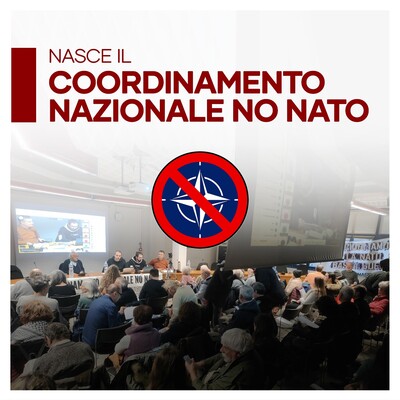 logo del Coordinamento Nazionale No NATO e squarcio dell'assemblea costitutiva tenutasi a Bologna l'8 dicembre 2024.