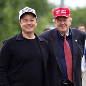 Donald Trump ed Elon Musk che indossano un berretto con la scritta Make Earth Great Again.