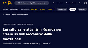 Kigali (Ruanda), 24 novembre 2022 - Eni ha firmato a Kigali quattro accordi con il Governo del Ruanda per sviluppare iniziative innovative congiunte negli ambiti dell’agricoltura, della protezione di ecosistemi forestali unici, delle tecnologie e della salute.