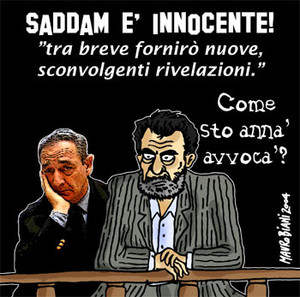 Processo a Saddam: deus ex machina.  Vignetta di Mauro Biani ;  Mauro Biani weblog