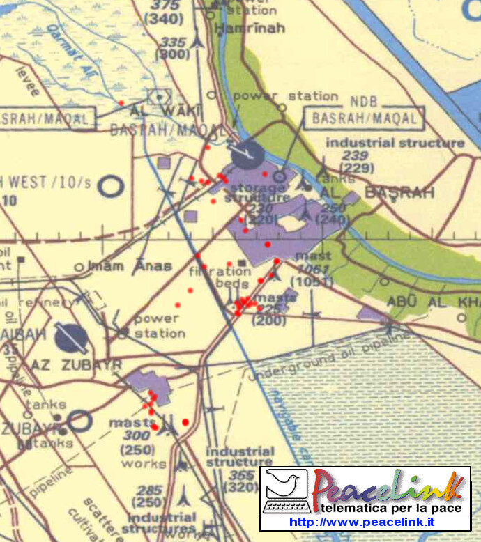 Bassora - In rosso sono marcati i siti colpiti con proiettili all'uranio impoverito da parte dell'esercito britannico