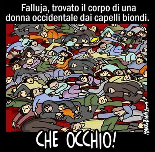 Falluja, la notizia.  Vignetta di  Mauro Biani  ;   Mauro Biani weblog 