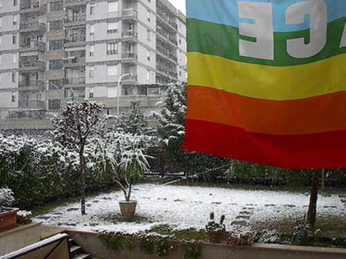 Aprile, a Foggia, la neve sul nostro giardino, la nostra bandiera di pace. Da Giovanni, Annamaria, Giuseppe e Fabrizio 