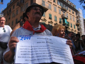 Piazza Alimonda, 20 luglio 2005. Arnaldo Cestaro, picchiato nella scuola Diaz la notte del 21 luglio 2001.