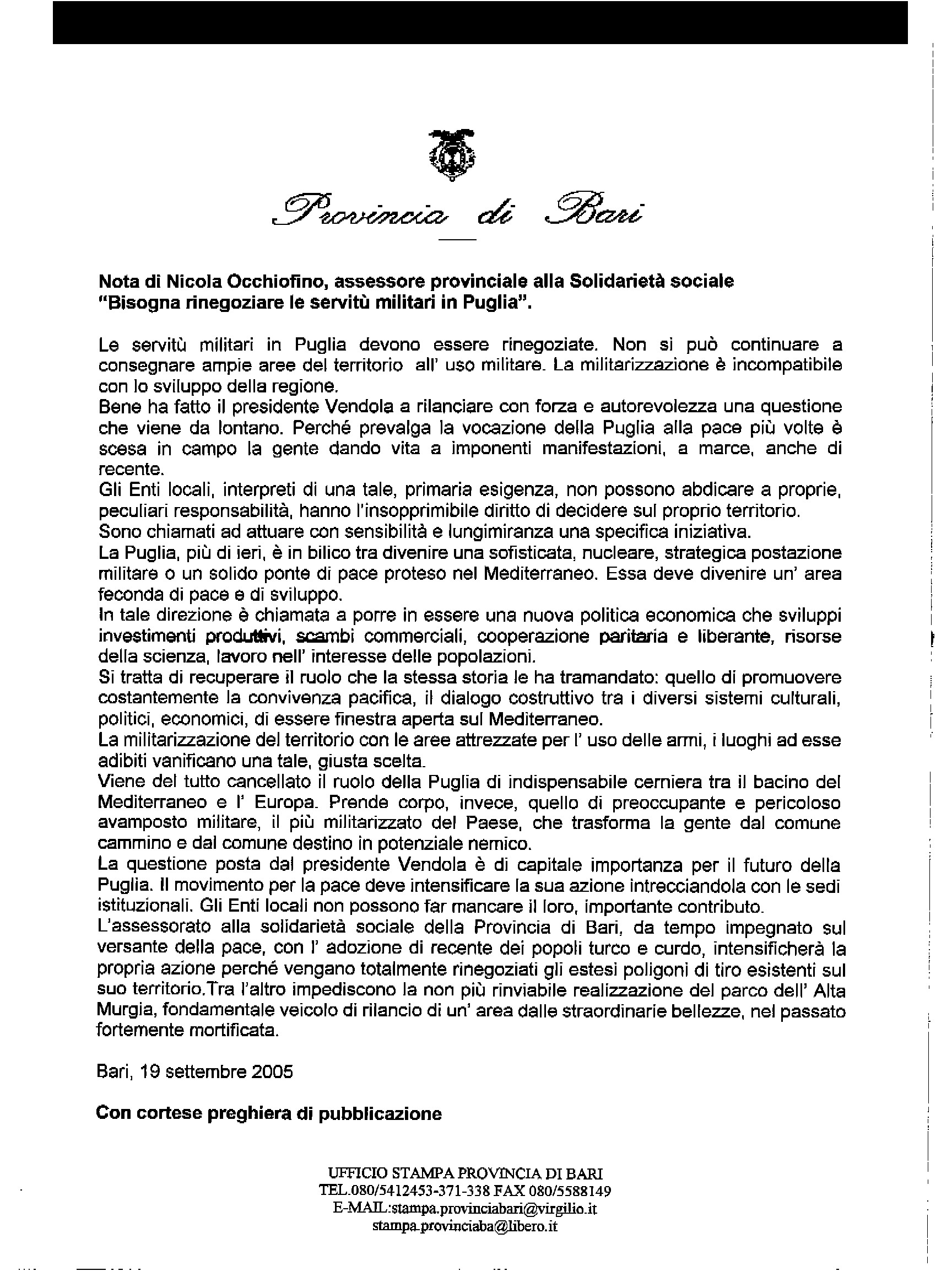 Fax di Nicola Occhiofino, Assessore alla solidarietà sociale della Provincia di Bari