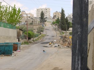 Betlemme: campo profughi di Aida. E' ben visibile la postazione israeliana (dopo il muro in fondo alla strada) con la torretta mimetizzata da un telo. I palazzi da cui sparano i cecchini sono quelli d