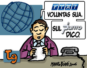 Vignetta di Mauro Biani sulla pubblicita' occulta Fiat nei Tg