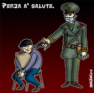 SARS: penza a' salute  Vignetta di Mauro Biani