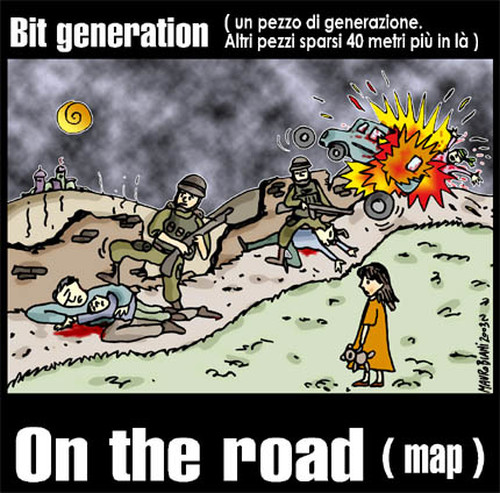 Bit generation: "un pezzo di generazione". Altri pezzi sono sparsi 40 metri più in là.  Vignetta di Mauro Biani