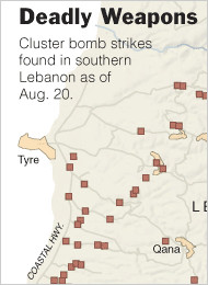 Mappa dell'utilizzo delle bombe a grappolo in Libano da parte dell'Esercito israeliano.