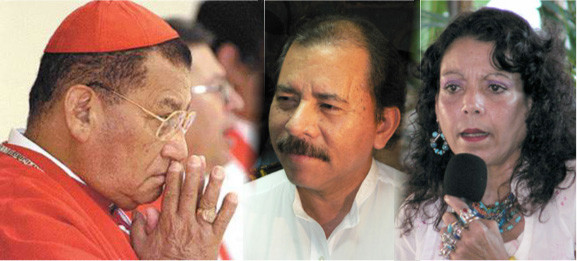Il Cardinale Obando y Bravo, Daniel Ortega e Rosario Murillo 