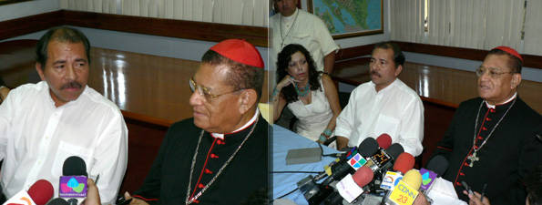Daniel Ortega ed il Cardinale Obando y Bravo durante la conferenza stampa (© Foto G. Trucchi)