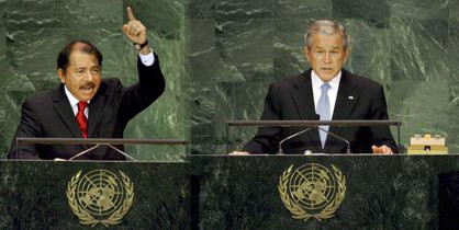 Daniel Ortega e George Bush durante i loro interventi 