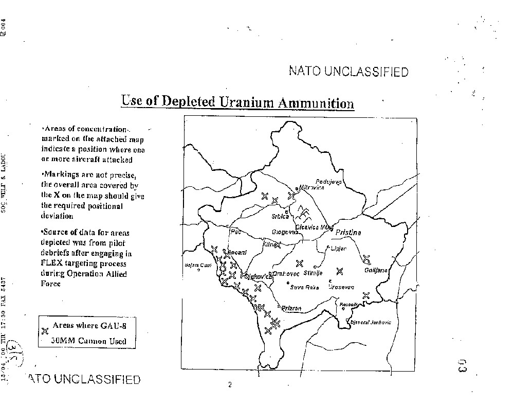 Mappa dei bombardamenti con uranio impoverito in Kosovo. A cura della Nato (sia la mappa che i bombardamenti).