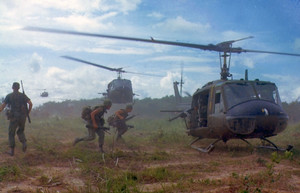 UH-1D helicopters airlift members of the 2nd Battalion, 14th Infantry Regiment from the Filhol Rubber Plantation area to a new staging area, during Operation "Wahiawa," a search and destroy mission conducted by the 25th Infantry Division, northeast of Cu 